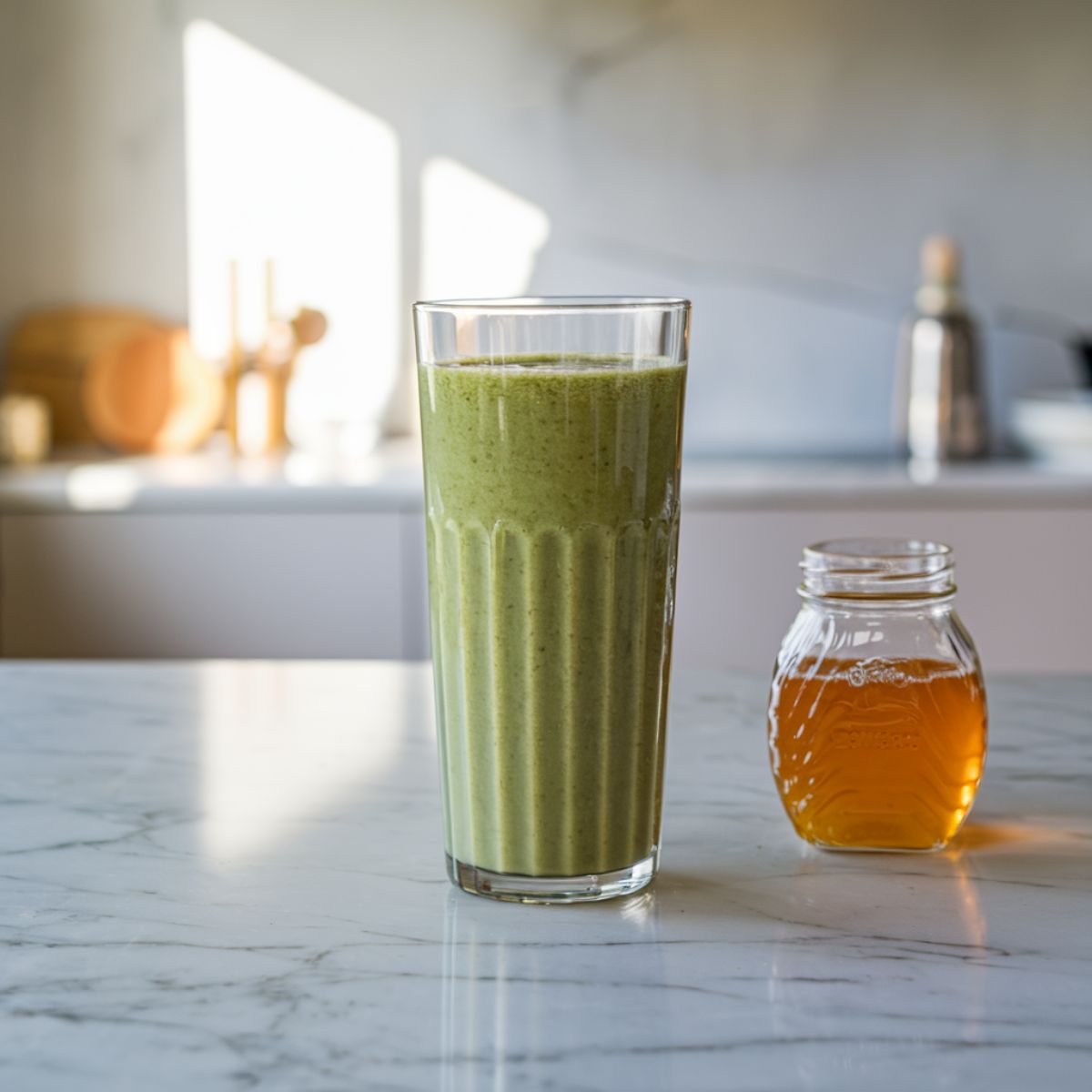 A tall glass of green smoothie on a marble counter with a jar of honey nearby, set against a bright, modern kitchen background with natural light.