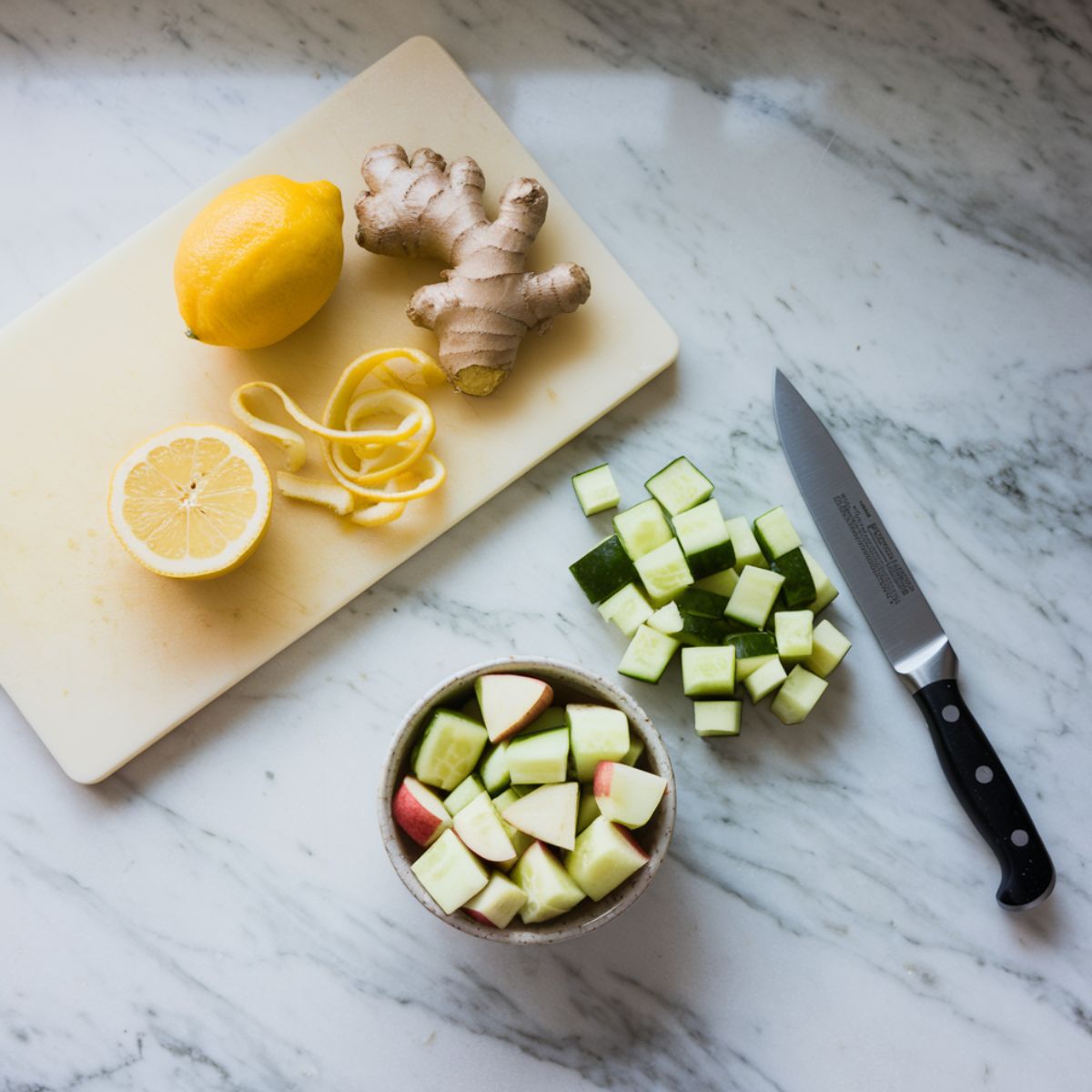 Freshly peeled lemon and ginger on a cutting board with a knife, alongside chopped cucumber and apple in a small bowl on a clean white counter.