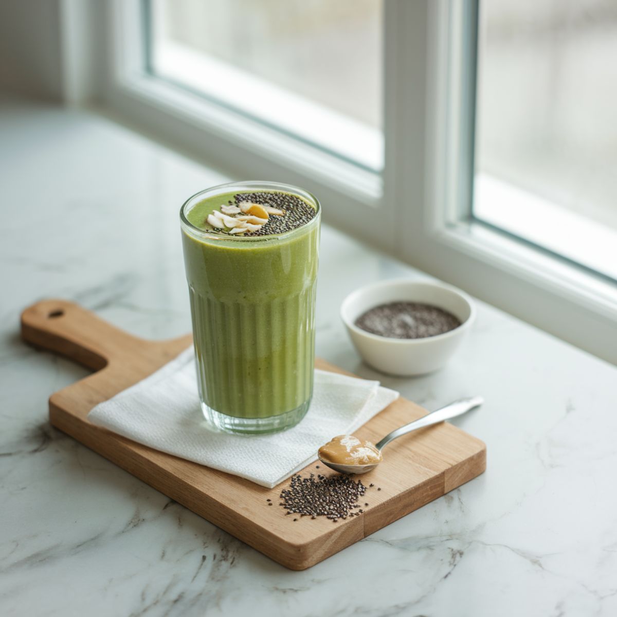 A freshly blended green smoothie poured into a tall glass, garnished with chia seeds and a drizzle of almond butter.