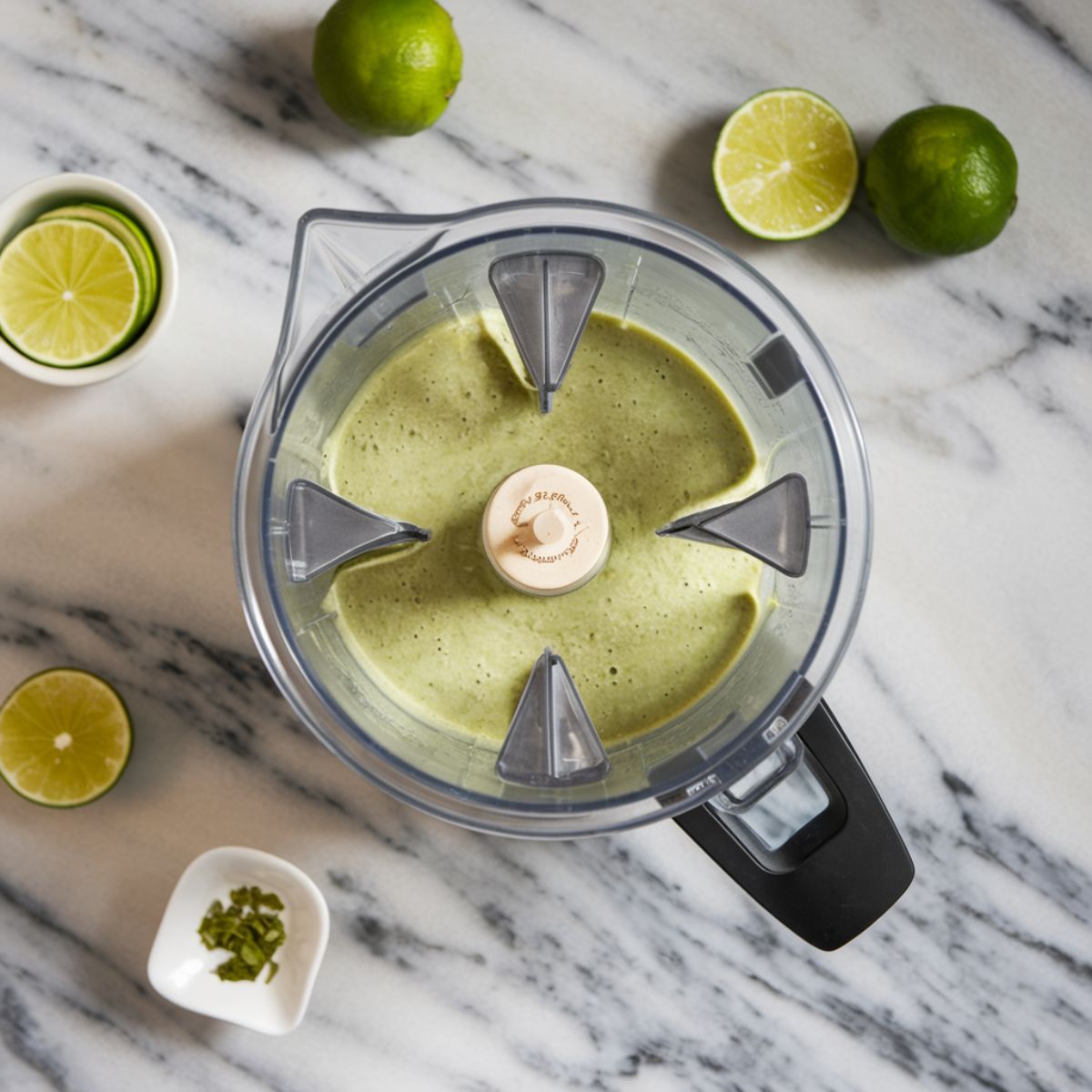 A smooth green mixture in a blender, with lime juice being squeezed in and a bottle of stevia drops on the side.