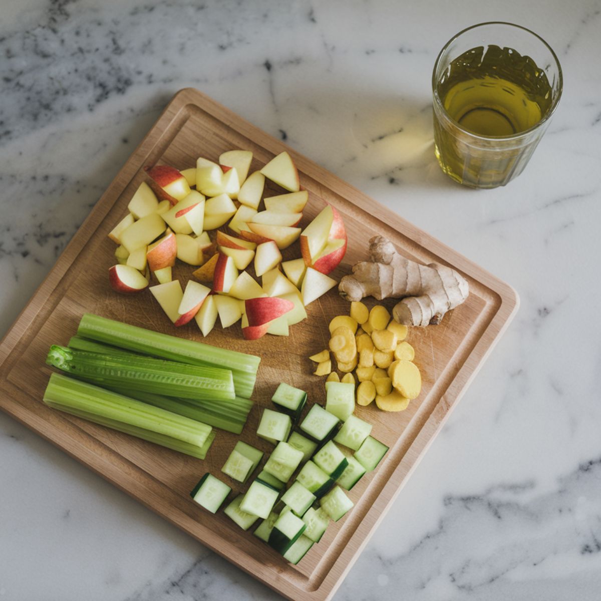 A cup of cooled green tea sits next to neatly chopped apple, celery, cucumber, and ginger on a wooden cutting board, with a knife nearby.