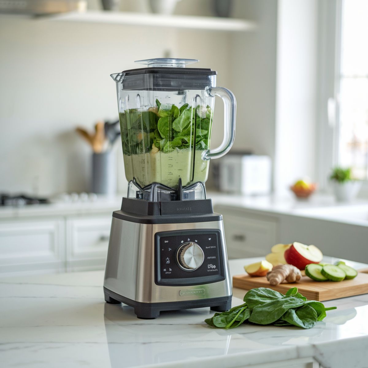 A blender filled with fresh greens and cooled green tea, blending to create a smooth green liquid.