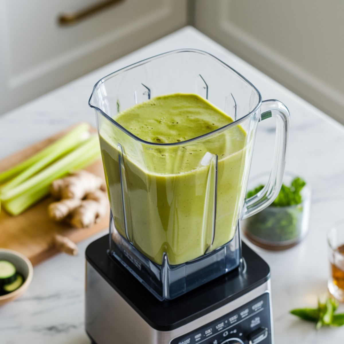 A blender filled with green tea, greens, apple, celery, cucumber, and ginger, creating a vibrant smoothie mixture.