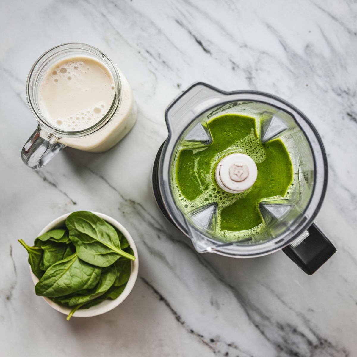 A blender filled with fresh spinach and almond milk blending into a smooth green liquid.