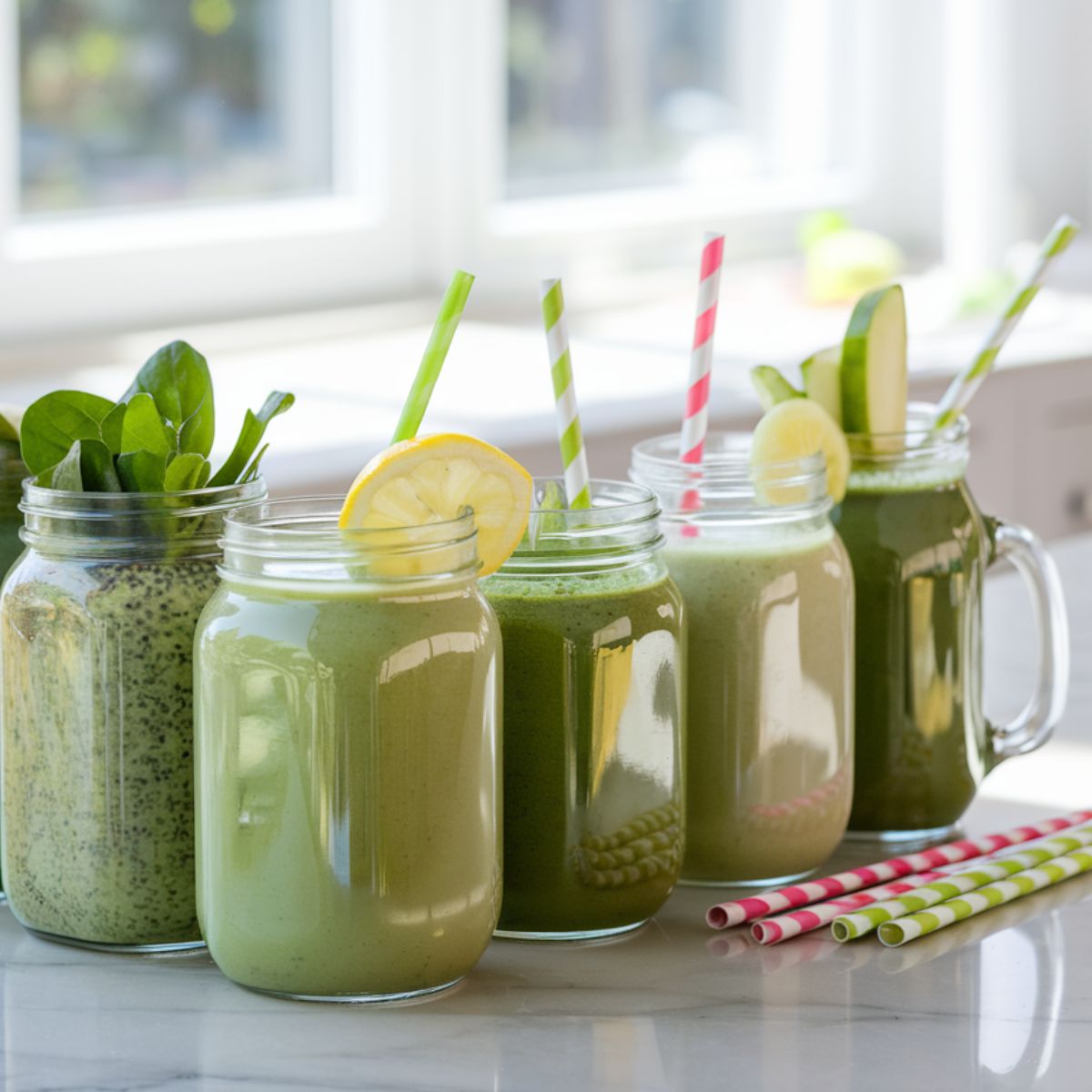 Five mason jars filled with vibrant green smoothies, each topped with unique garnishes like lemon slices, spinach leaves, and cucumber, arranged on a bright kitchen countertop with colorful straws.