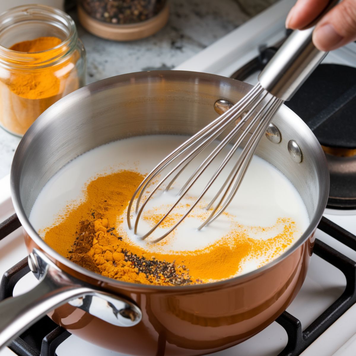 Spices being whisked into milk in a saucepan, creating a golden mixture.