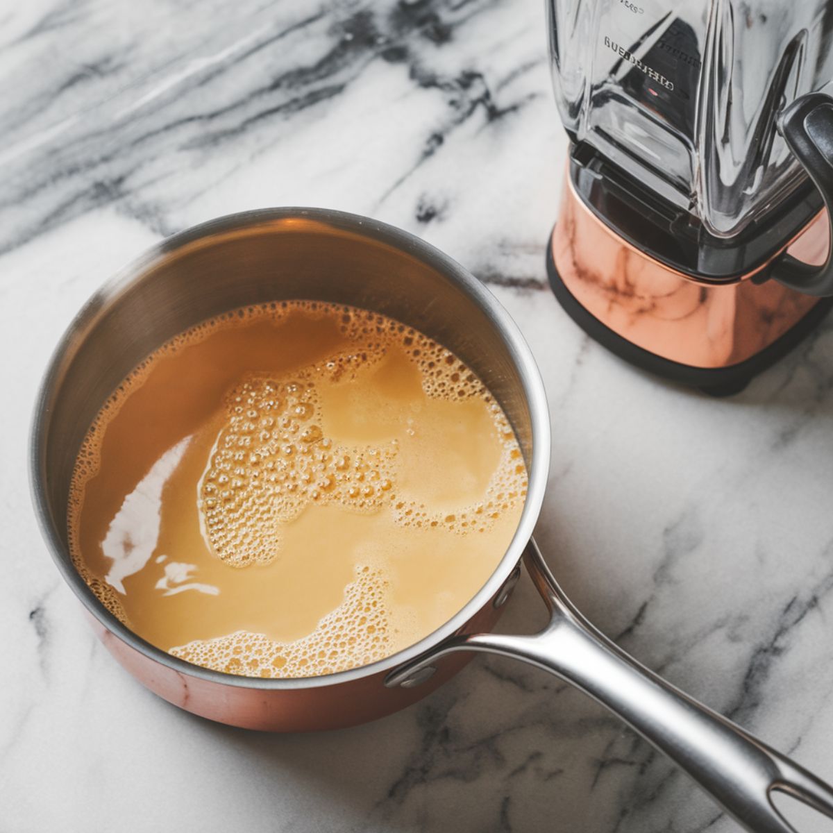 Golden milk simmering in a saucepan, with a blender nearby for frothing.