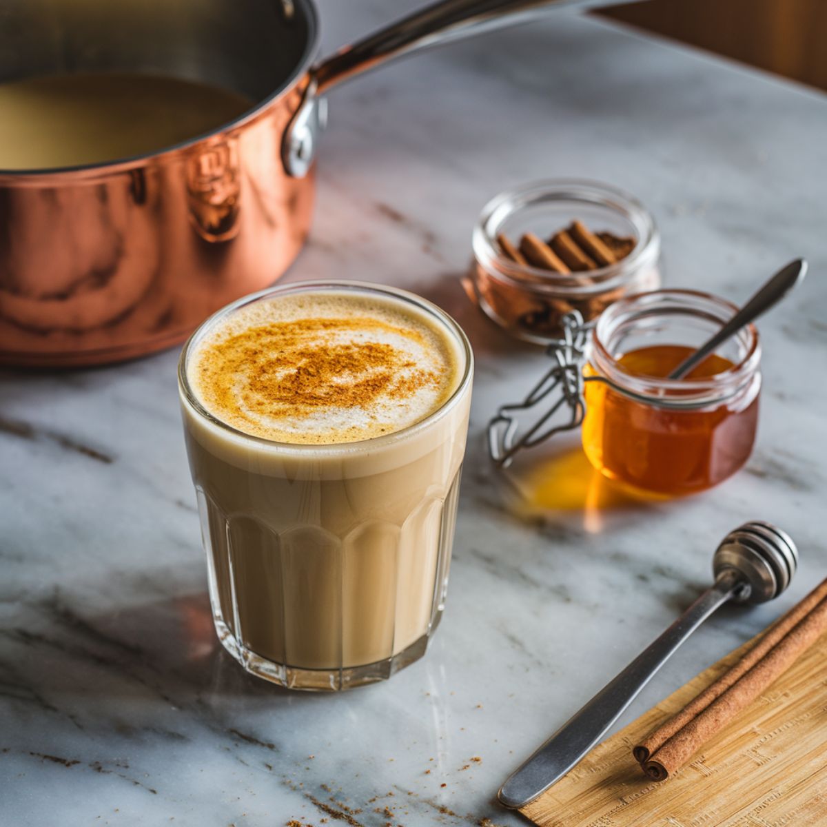 Golden milk poured into a clear glass, topped with a sprinkle of cinnamon.