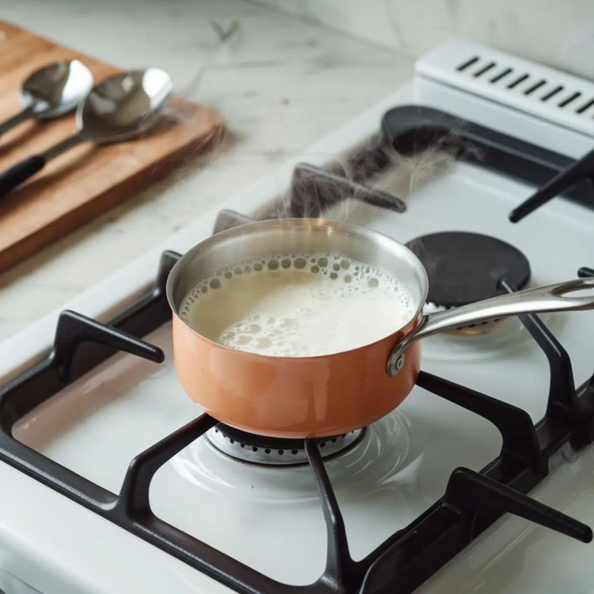 Milk warming in a saucepan on a stovetop.