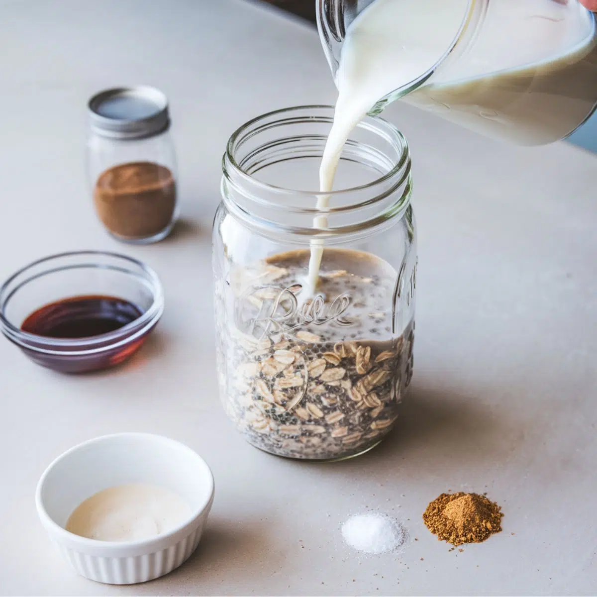 Mason jar with oats and chia seeds being filled with almond milk, vanilla to prepare Overnight Oats And Chia Seeds Recipe