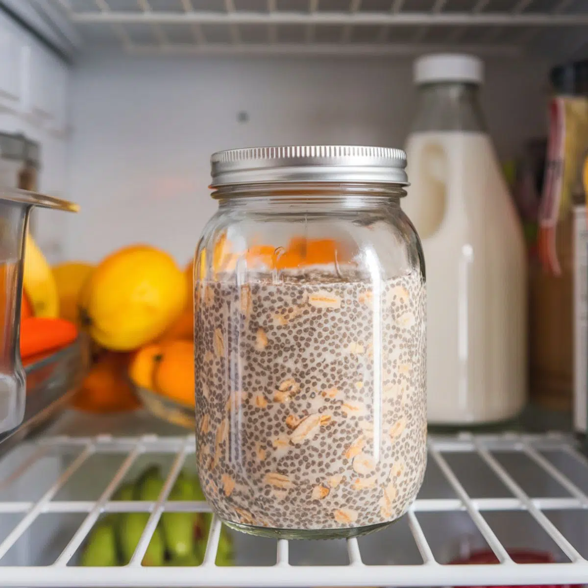 Sealed mason jar being shaken, then placed on a refrigerator shelf to chill.