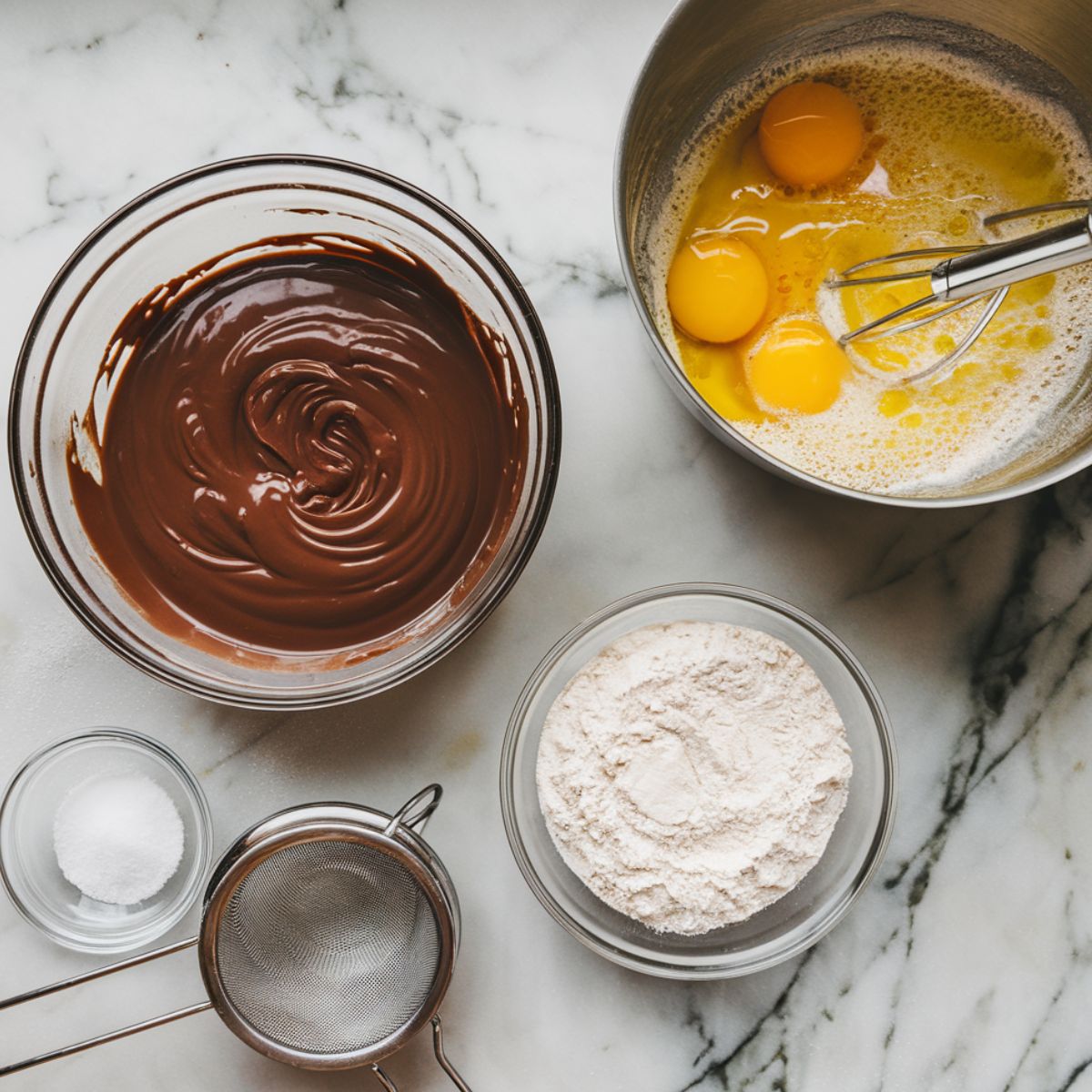 Smooth chocolate batter being folded into a fluffy egg mixture with flour sifted on top.