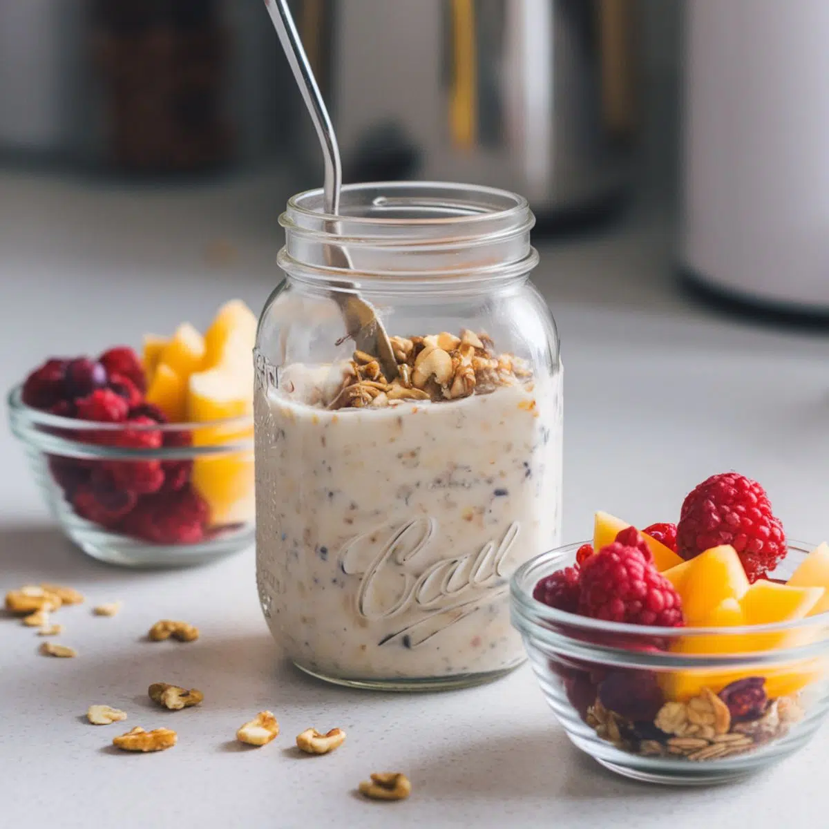 Open mason jar with oats, chia seeds, almond milk, and vanilla being poured in, ready to serve .