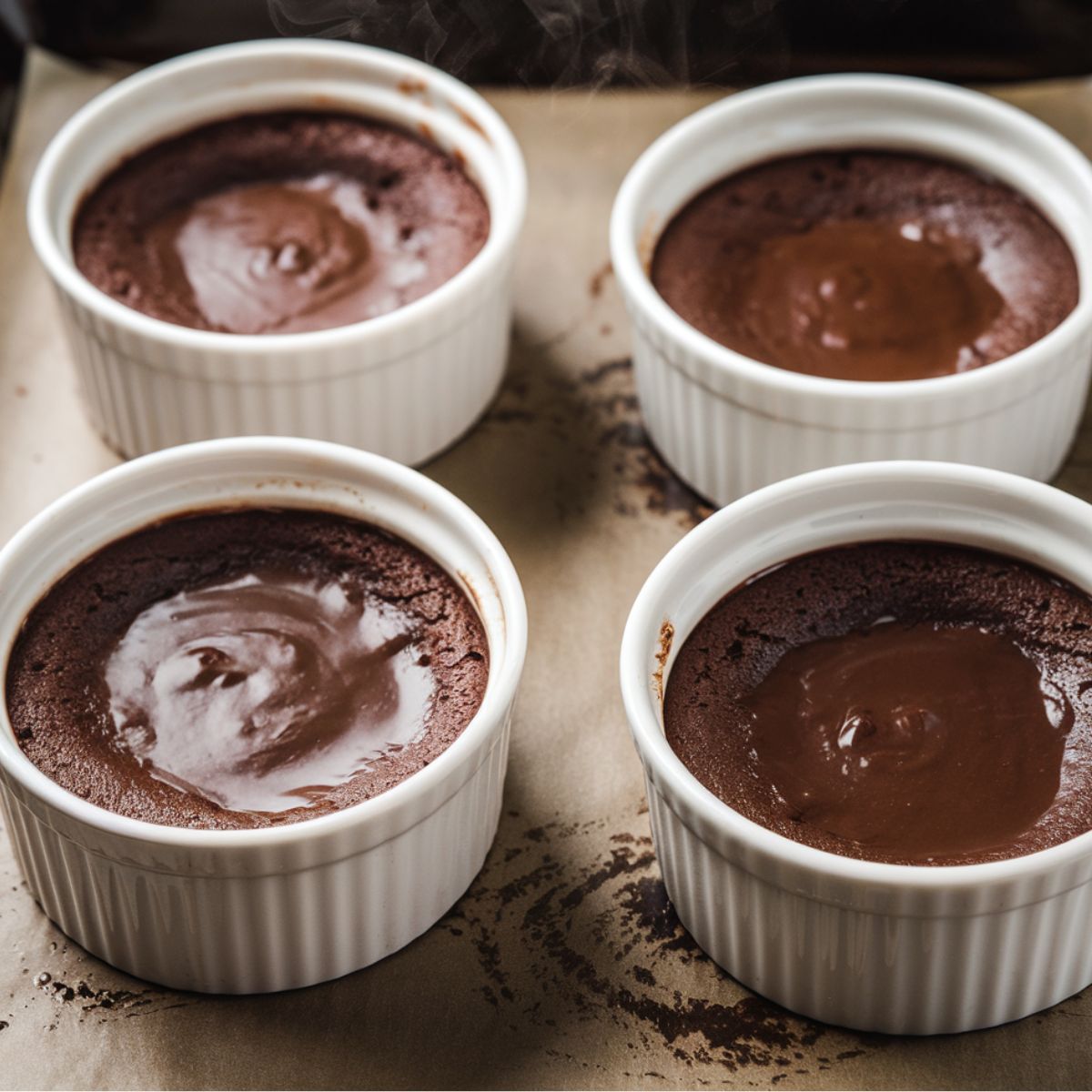 Freshly baked lava cakes in ramekins, edges set and centers slightly jiggly.