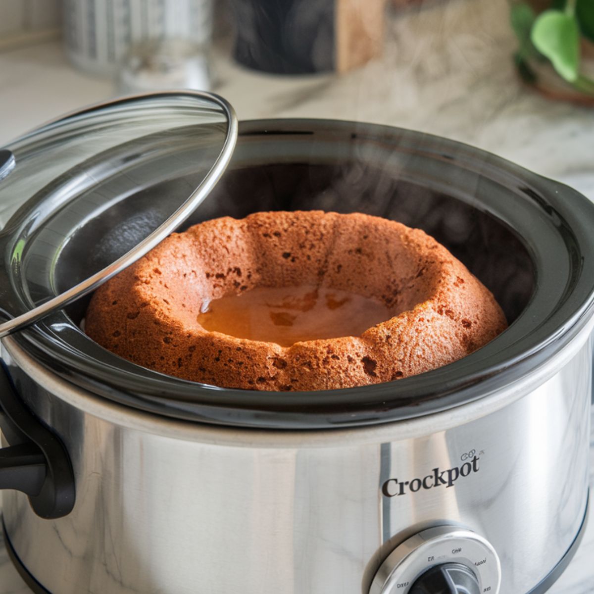 Lava cake batter in a crockpot, edges set while the center remains gooey.