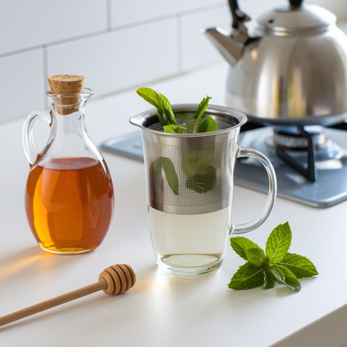 A clean kitchen countertop with a glass cup containing a tea infuser with some peppermint leaves inside and there is a boiling tea kettle on a low heat kitchen stovetop to prepare  Peppermint Tea Recipe.