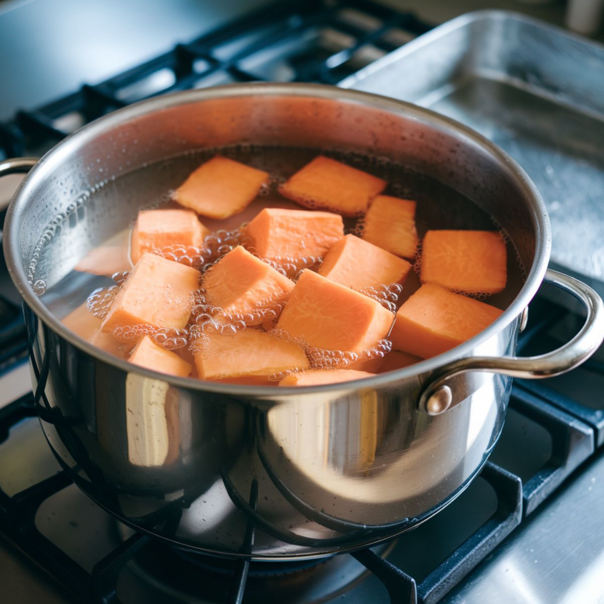 A kitchen countertop with a large metal pot filled with peeled and chunked sweet potatoes submerged in water to prepare Sweet Potato Casserole Recipe.