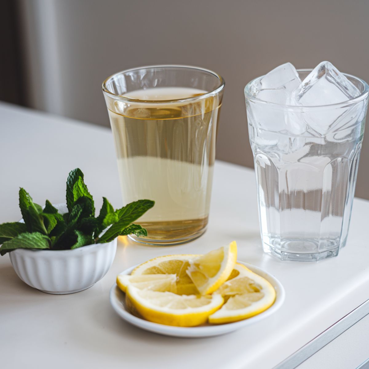 A photo of a clean counter with two glass cups. The first cup contains clear tea. The second cup is filled with unmeelted ice cubes t prepare Refreshing Peppermint Iced Tea Recipe.