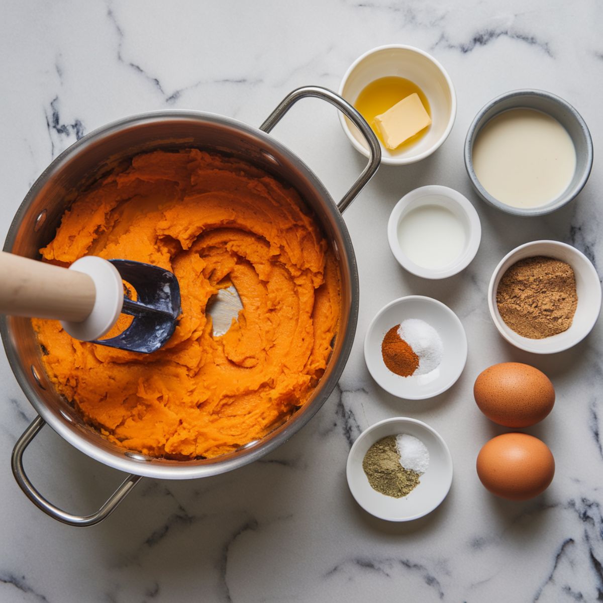 A pot of cooked, tender sweet potatoes being mashed with a potato masher, and  bowls of ingredients neatly arranged, emphasizing the preparation process.