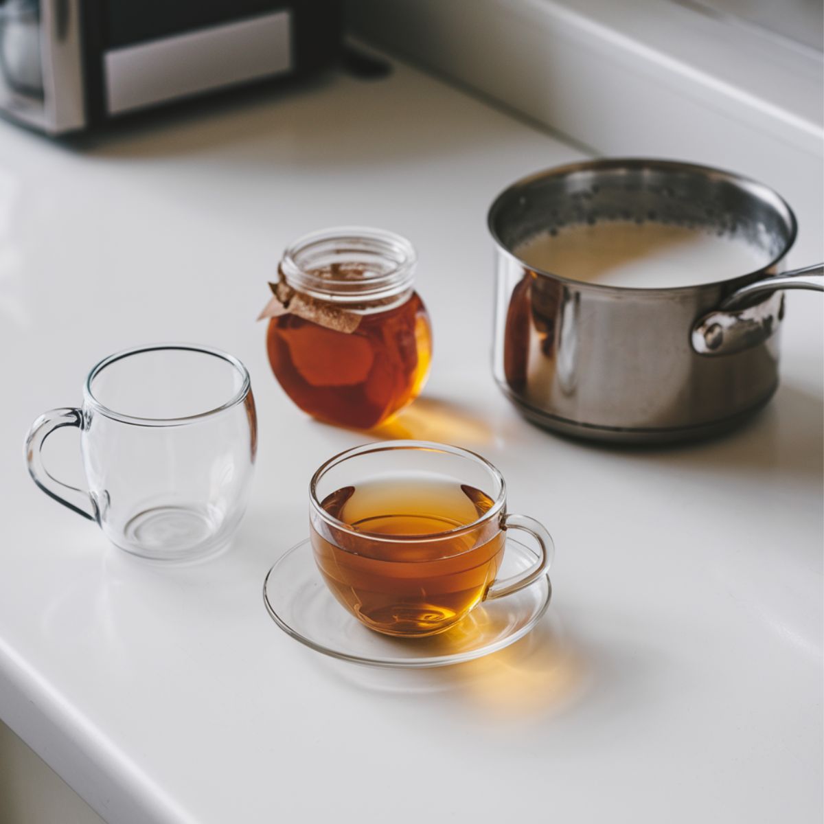 A photo of a white, clean counter with  a clear glass cup filled with tea, a glass honey jar, a stainless steel saucepan with frothed milk ready to prepare Creamy Peppermint Tea Latte Recipe