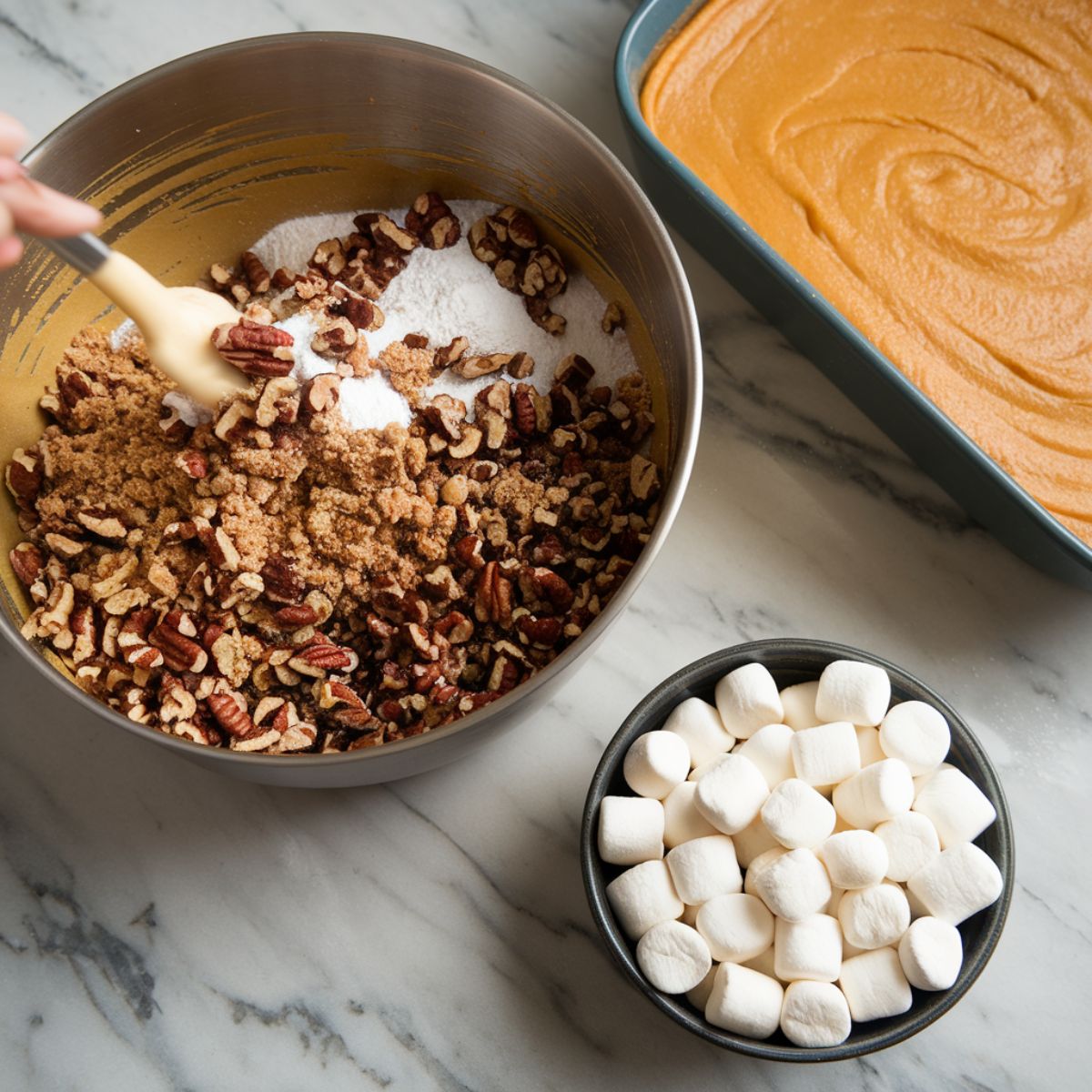 Full prepared ingredients of sweet potato casserole recipe ready to cook.