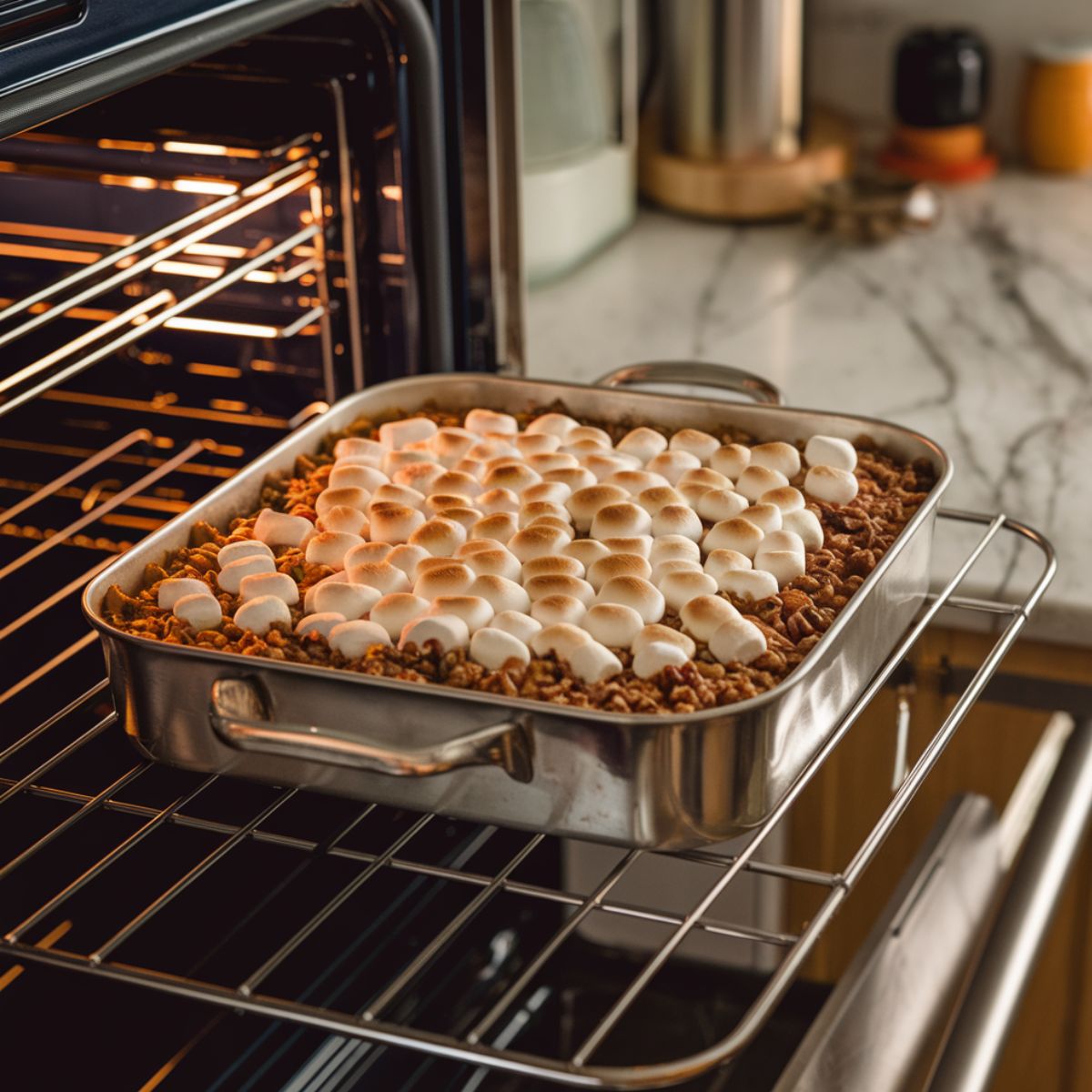 The Sweet potato casserole recipe is fresh out of the oven, with the pecan crumble and gold mini marshmallows.ready to serve. 