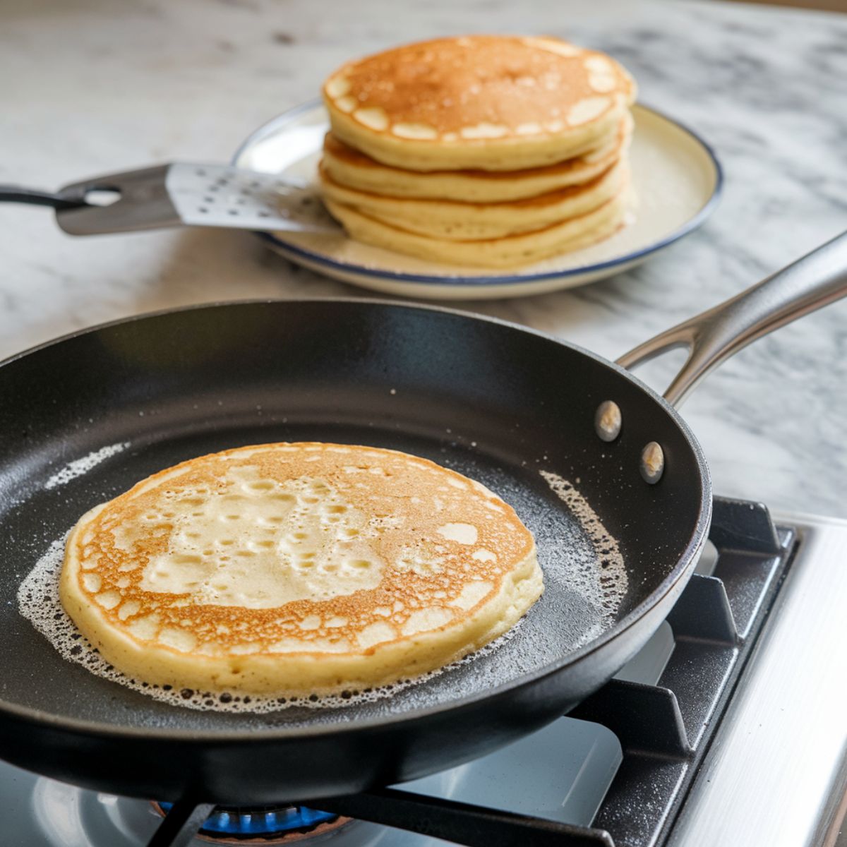 Pancake cooking on a buttered non-stick skillet, with bubbles forming on the surface and a spatula nearby.