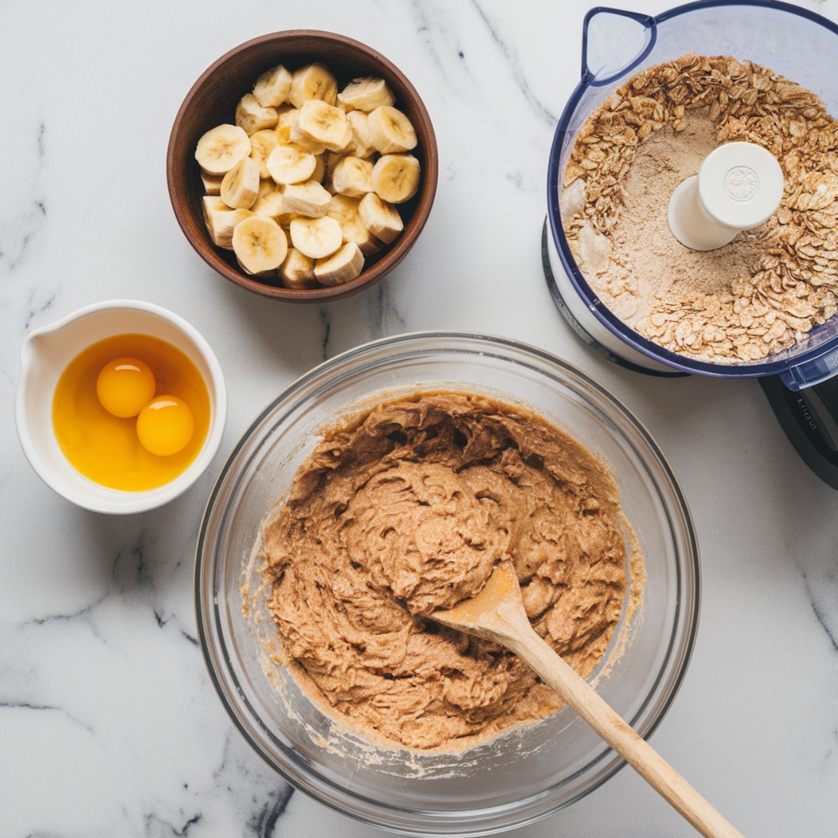 Large bowl with mashed bananas, beaten eggs, and oat flour being mixed into pancake batter on a marble countertop.