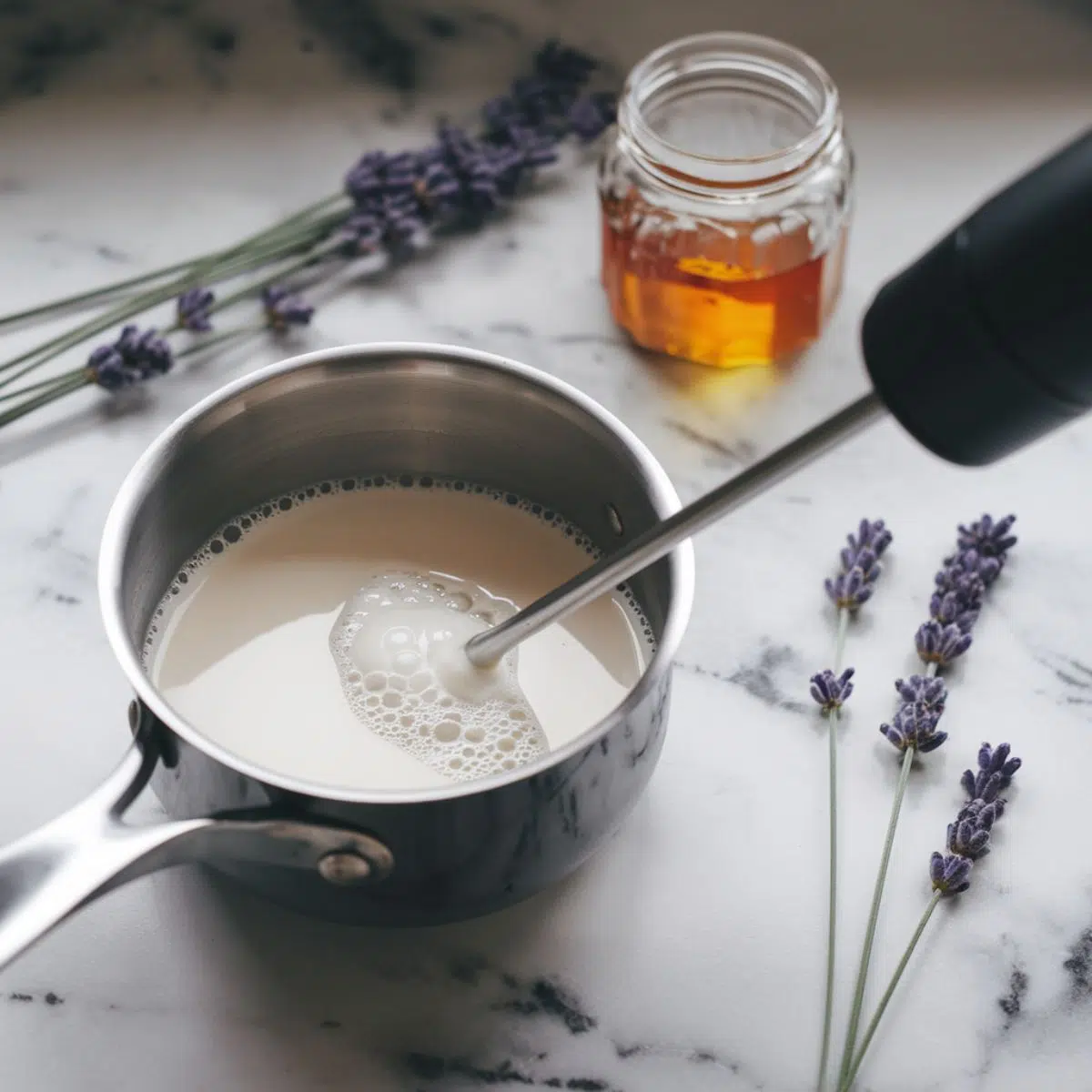 Milk being frothed in a saucepan on a marble counter with lavender and honey in the background.