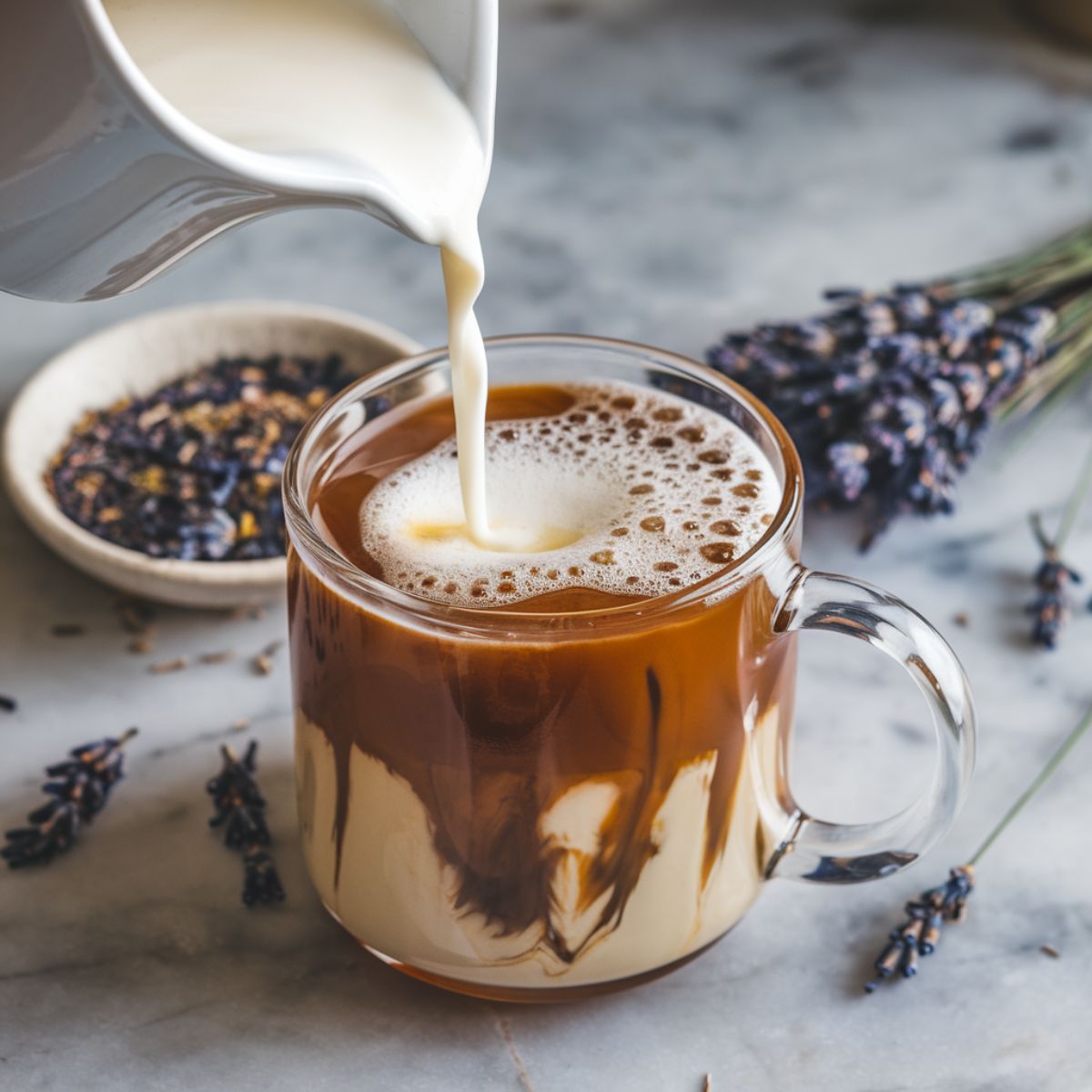 Mix tea with vanilla, add steamed milk, top with foam, and garnish with lavender.