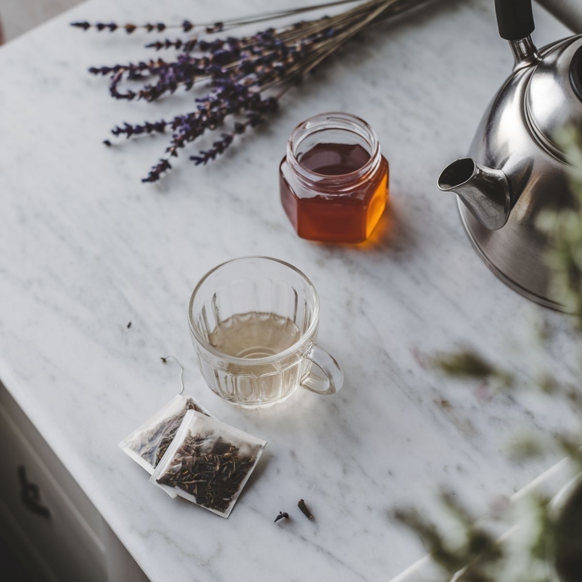 Earl Grey tea steeping in a mug on a marble countertop, with a kettle pouring hot water, honey, and lavender nearby.