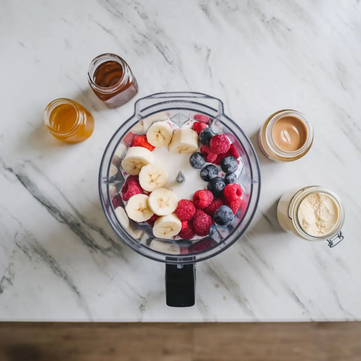 Blender filled with frozen bananas, berries, Greek yogurt, and a splash of milk, blending into a thick mixture.