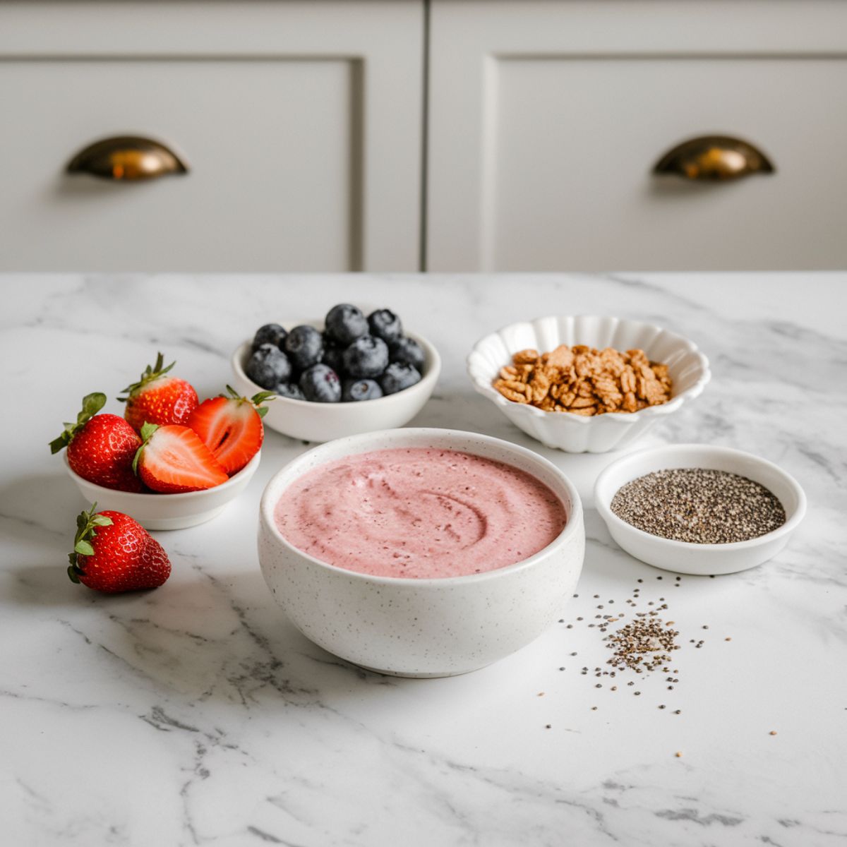 Smoothie bowl fiilled with with the thick pink smoothie base. Sliced strawberries, blueberries, granola, and chia seeds are arranged in white bowlls  for garnishing. 