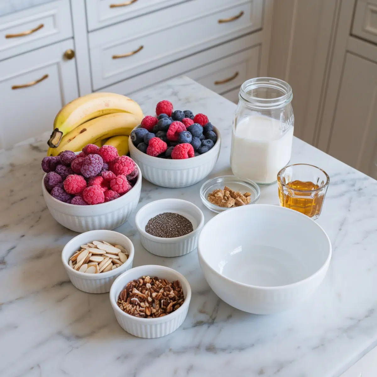 Frozen bananas and berries on a counter next to a coconut bowl, with toppings ready to assemble.