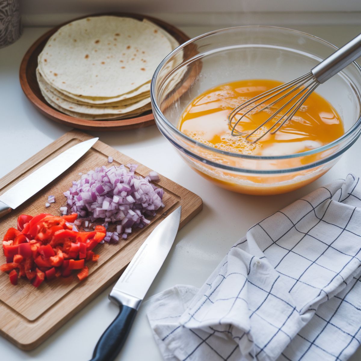 A clean kitchen countertop with vibrant ingredients for Breakfast Burritos arranged neatly ready for cooking.