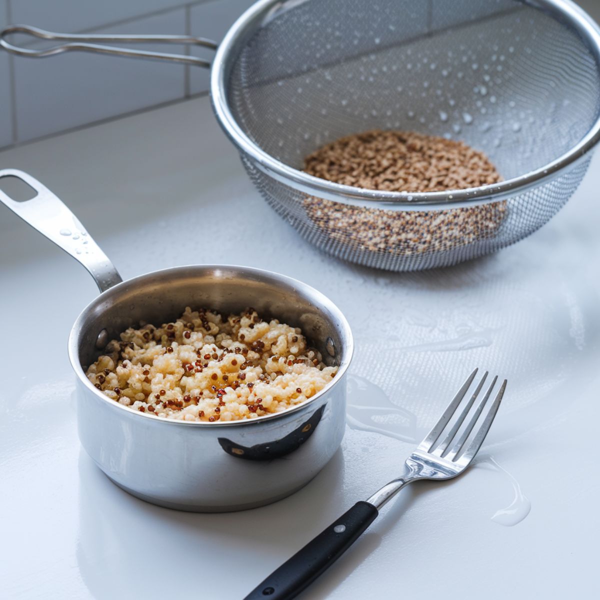 A clean countertop with a small pot of freshly cooked quinoa to prepare Buddha Bowl Recipe.