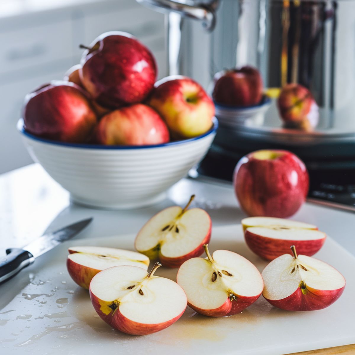 A clean countertop with a large stockpot or slow cooker in the background. Fresh washed apples on a cutting board to prepare a Spiced apple cider recipe.