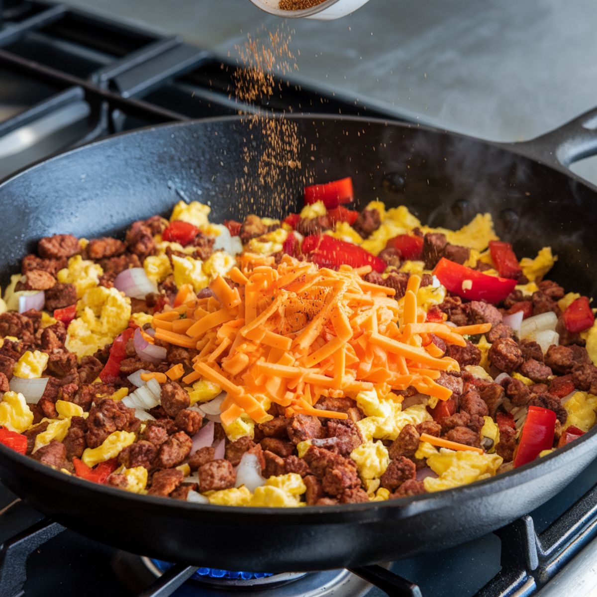 A sizzling skillet on the stovetop, filled with a colorful mix of Breakfast Burritos Ingredients.