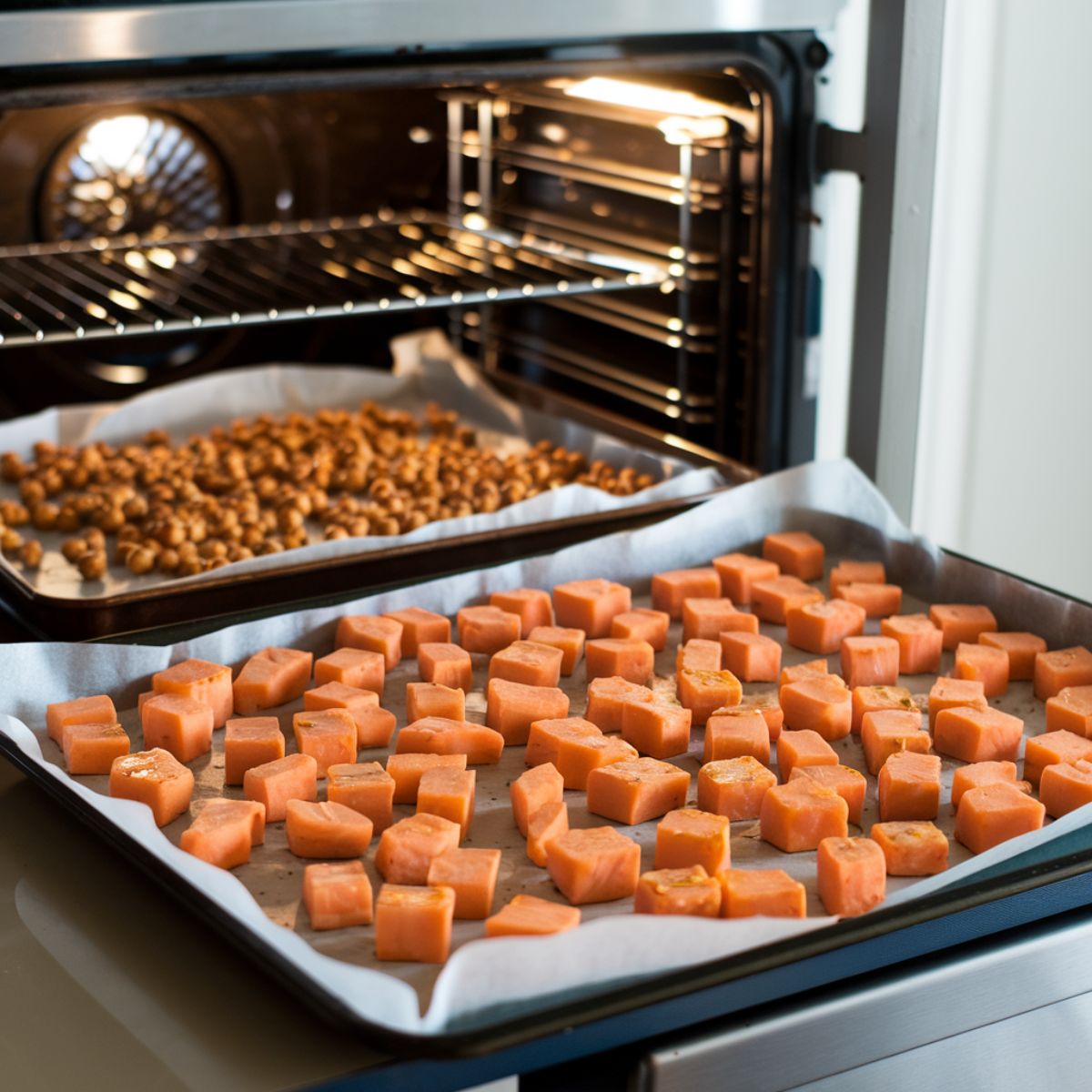 A parchment-lined baking sheet filled with evenly spread sweet potato cubes, lightly glistening with olive oil For Buddha Bowl  Recipe.