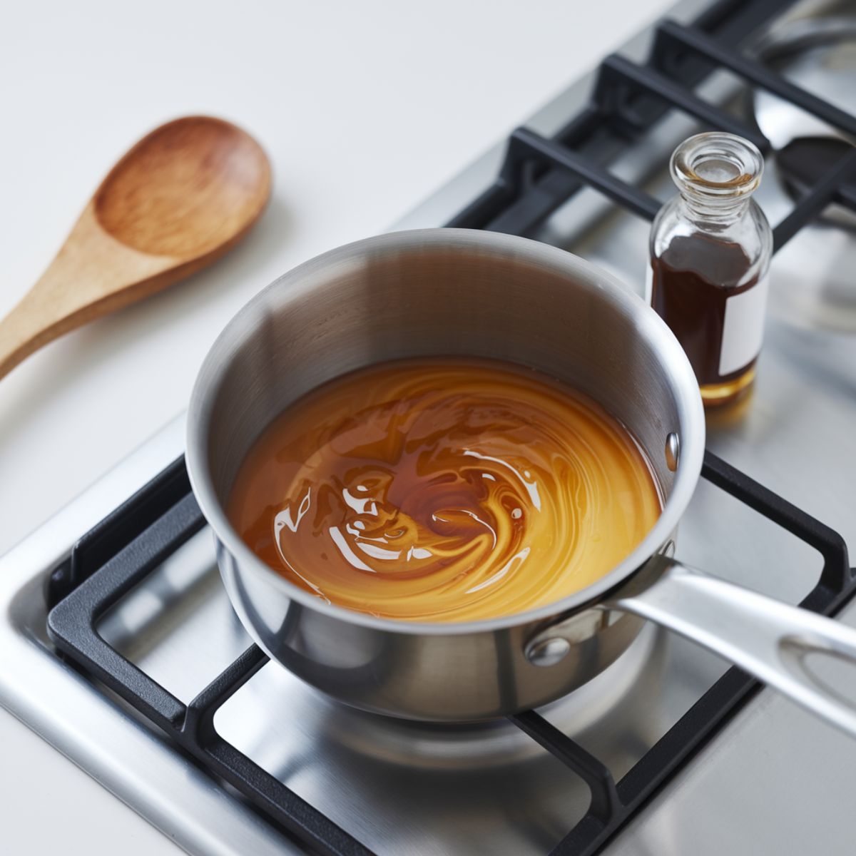 A small saucepan on a sleek stovetop, with melted coconut oil and honey swirling together inside