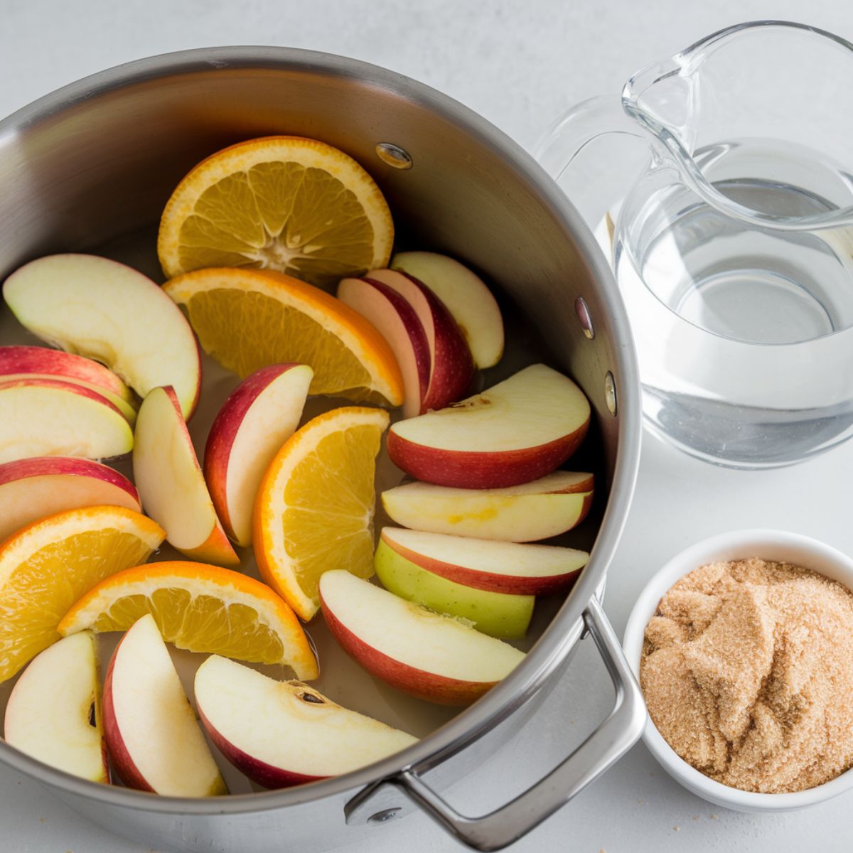 A stockpot with quartered apples and oranges layered inside on a clean kitchen contertop for spiced apple cider recipe