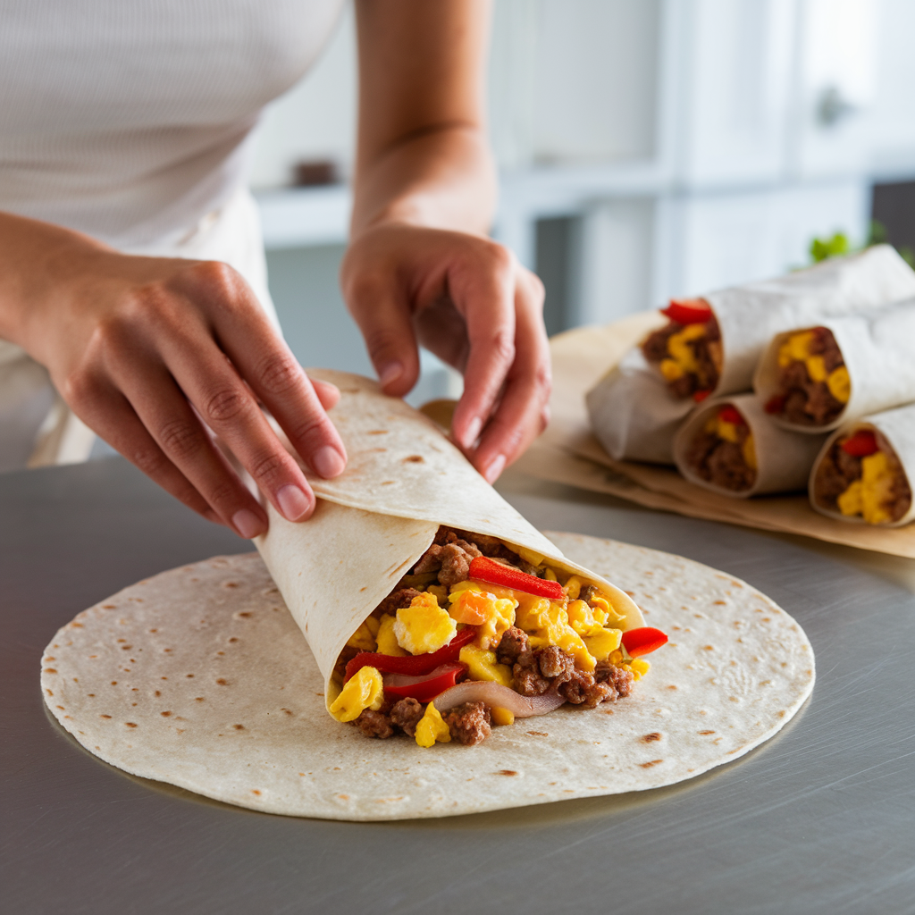 A tortilla on a clean counter . The tortilla is mid-filled with coocked Breakfast Burritos ingredients, with hands carefully wrapping it tightly.ready to serve.