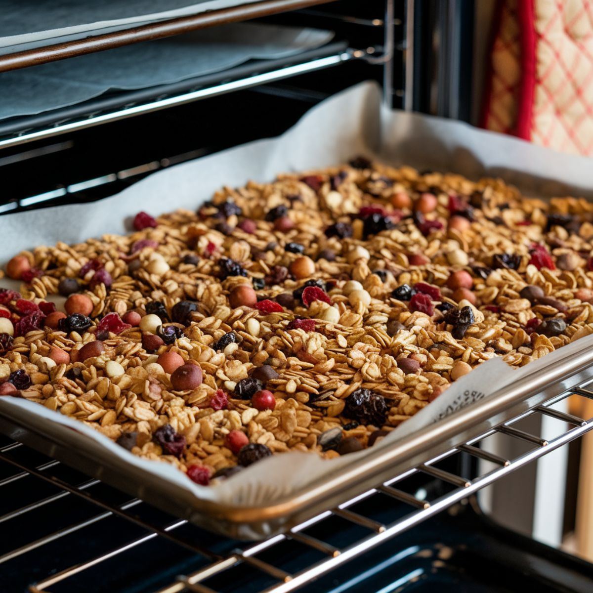 A parchment-lined baking sheet placed on an oven rack. The granola mixture is spread out evenly.