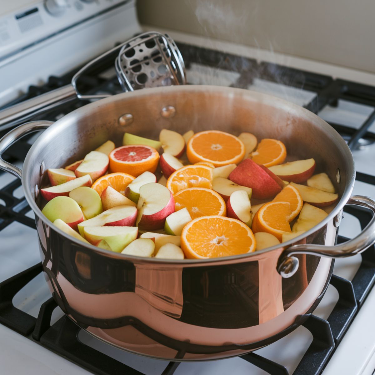 A photo of a large stockpot on a stovetop, boiling with a mixture of quartered apples and oranges for Apple cider recipe.