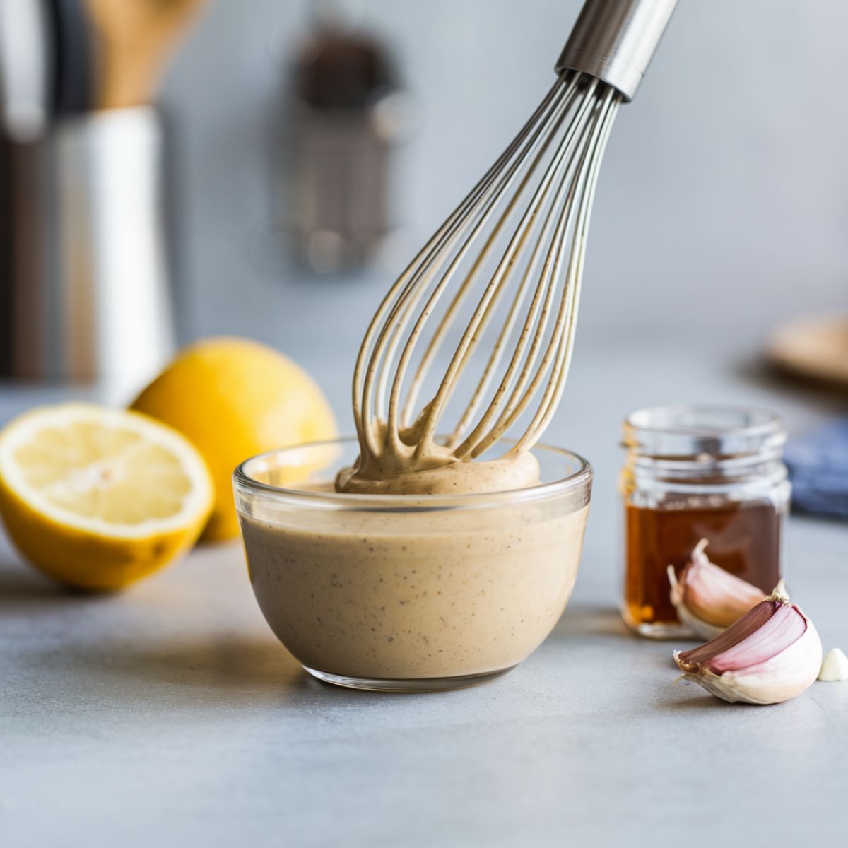 A small bowl with creamy tahini dressing fo Buddha Bowl Recipe.