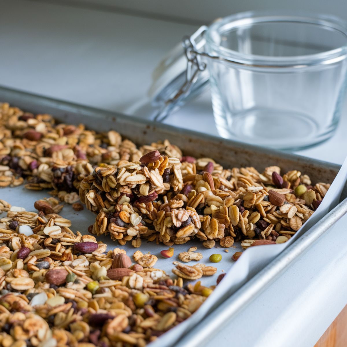 A baking sheet with freshly baked golden-brown granola cooling on it ready to store.