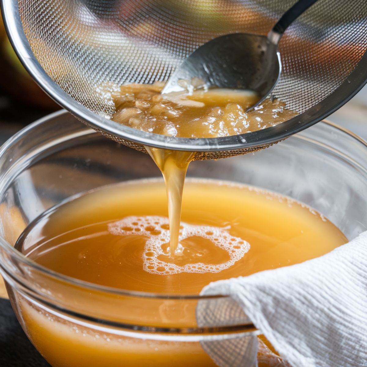  A fine-mesh strainer over a large glass bowl, with spiced apple cidr recipe  golden liquid  pouring through.