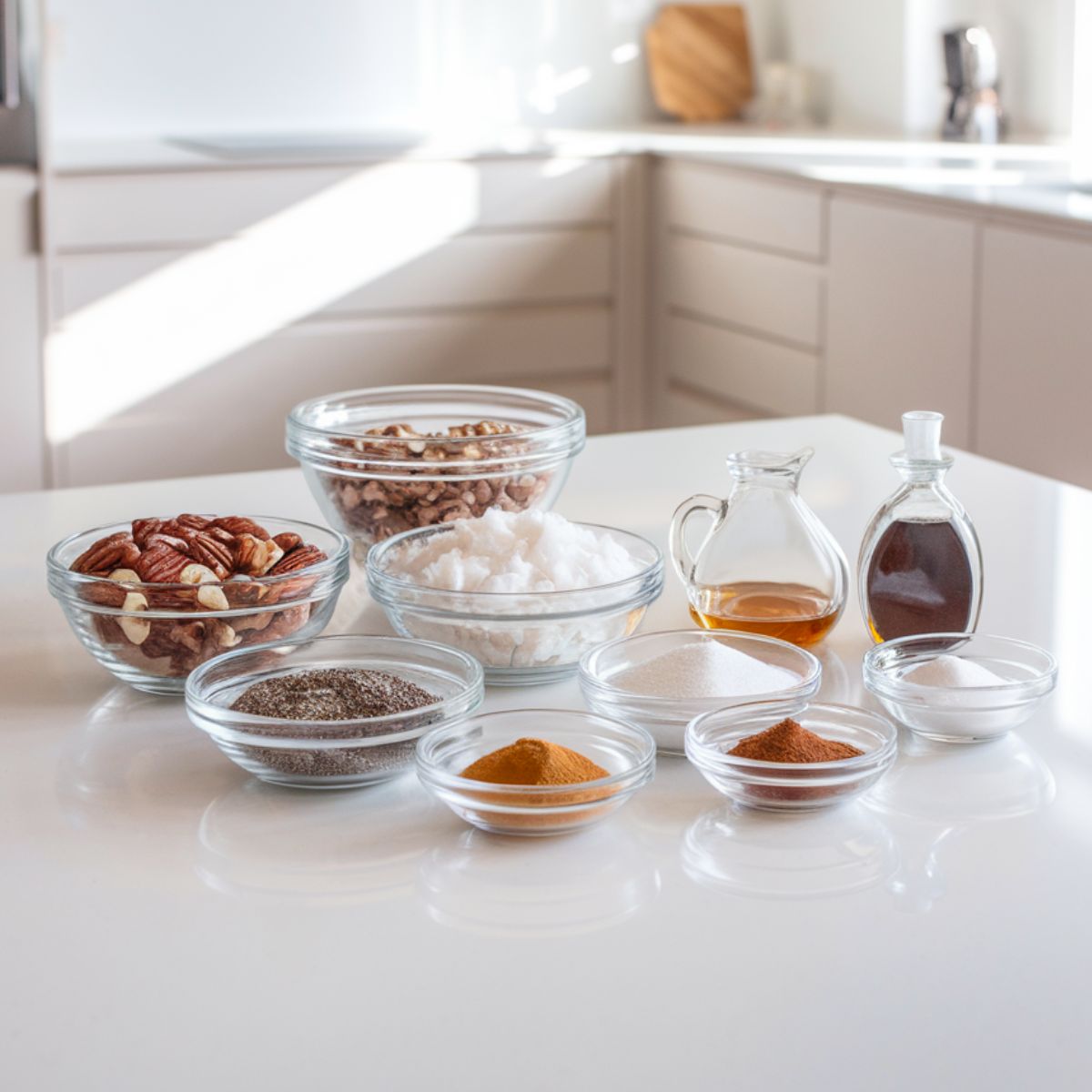 a group of bowls filled with Nuts Granola 's ingredients on a kitchen contertop .