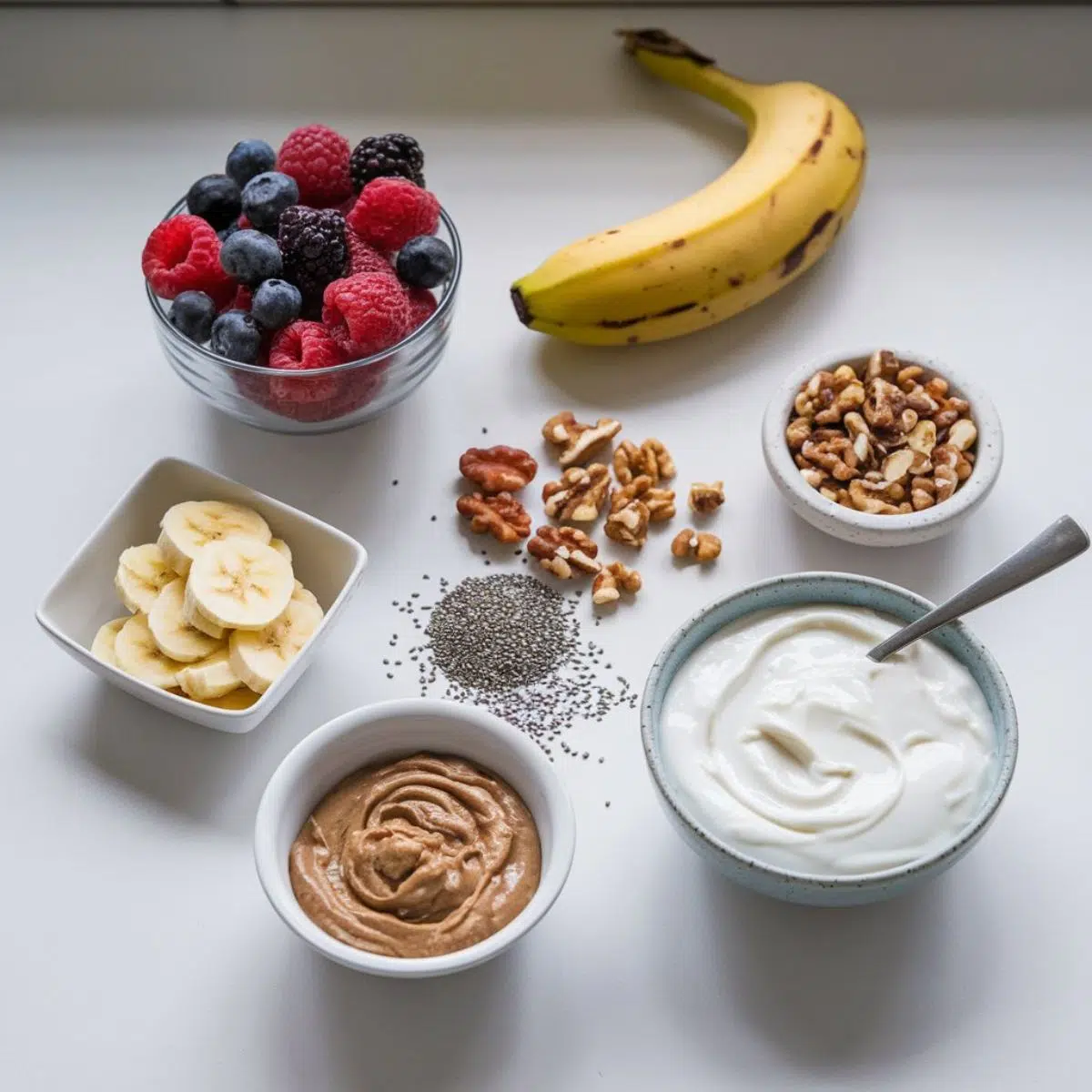 Overnight Oats with Chia Seeds Recipe Ingredients arranged on a kitchen contertop.
