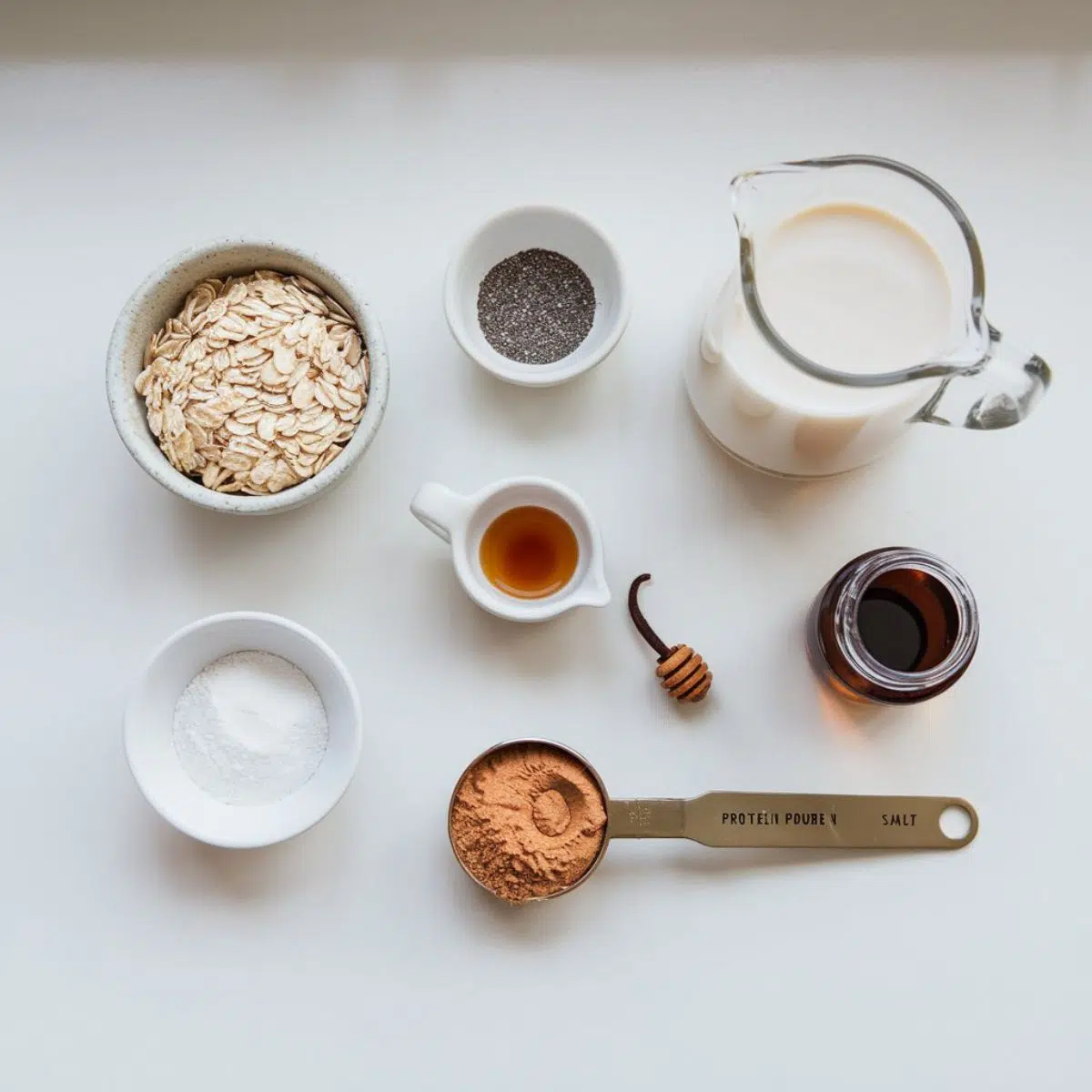 Overnight Oats with Chia Seeds Recipe Ingredients arranged on a kitchen contertop.
